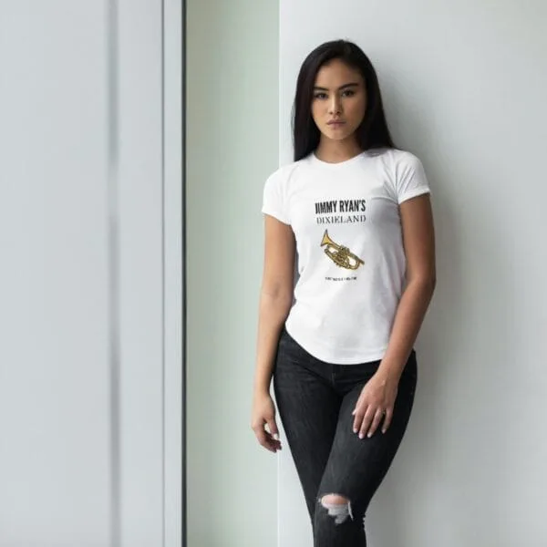 Jimmy Ryans Dixieland Jazz T-shirt featuring a vintage trumpet design and bold typography, celebrating the legacy of New Yorks legendary jazz club. Soft, unisex fit, perfect for jazz lovers, musicians, and festival-goers.