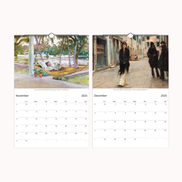 John Singer Sargent Wall Calendar featuring 12 stunning masterpieces by the renowned American artist (1856–1925). Includes iconic portrait and landscape paintings with elegant printing and high-quality paper. Ideal for art lovers, home decor, and collectors of fine art calendars.