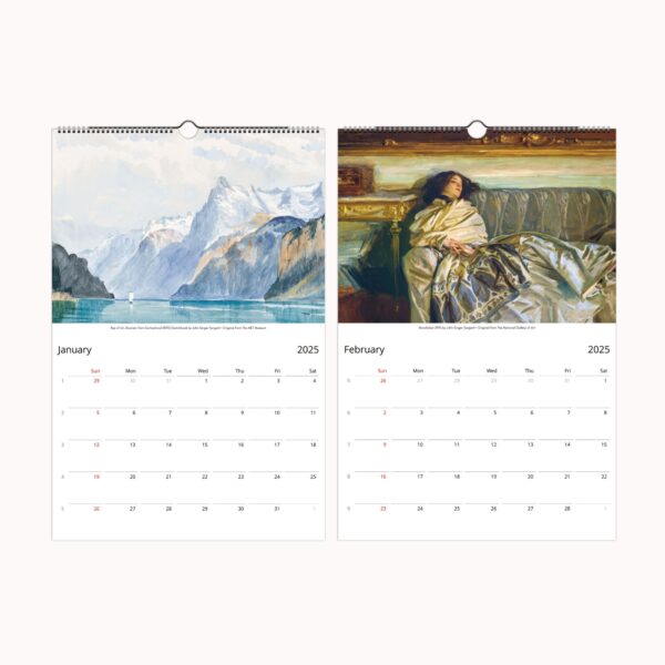 John Singer Sargent Wall Calendar featuring 12 stunning masterpieces by the renowned American artist (1856–1925). Includes iconic portrait and landscape paintings with elegant printing and high-quality paper. Ideal for art lovers, home decor, and collectors of fine art calendars.