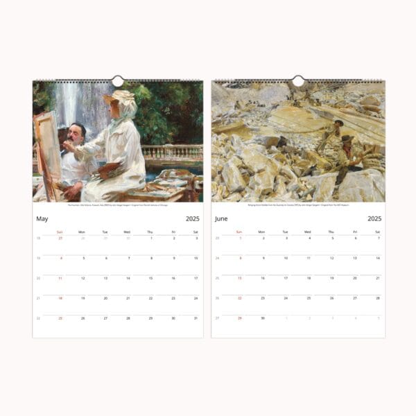 John Singer Sargent Wall Calendar featuring 12 stunning masterpieces by the renowned American artist (1856–1925). Includes iconic portrait and landscape paintings with elegant printing and high-quality paper. Ideal for art lovers, home decor, and collectors of fine art calendars.