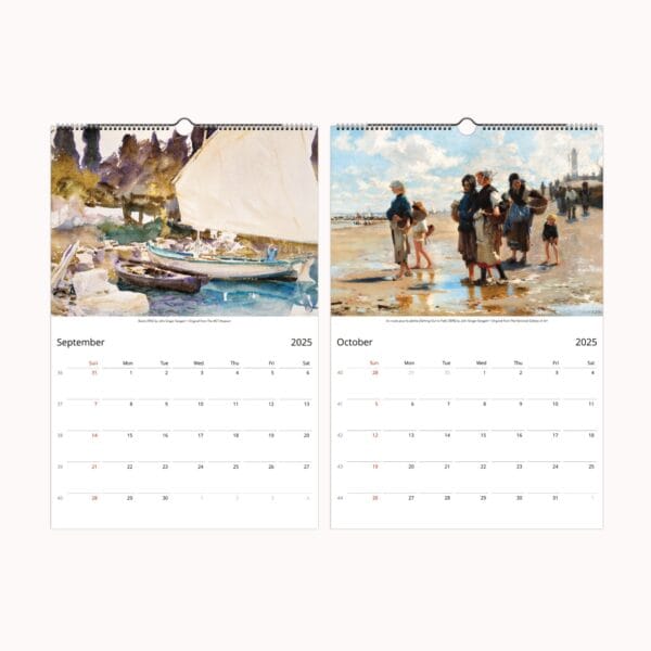 John Singer Sargent Wall Calendar featuring 12 stunning masterpieces by the renowned American artist (1856–1925). Includes iconic portrait and landscape paintings with elegant printing and high-quality paper. Ideal for art lovers, home decor, and collectors of fine art calendars.