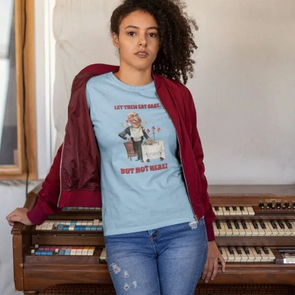Vintage political satire T-shirt featuring bold caricature art with humorous social commentary. Retro graphic tee with witty statement, perfect for history buffs, political humor fans, and lovers of classic vintage illustrations. Unique gift idea.
