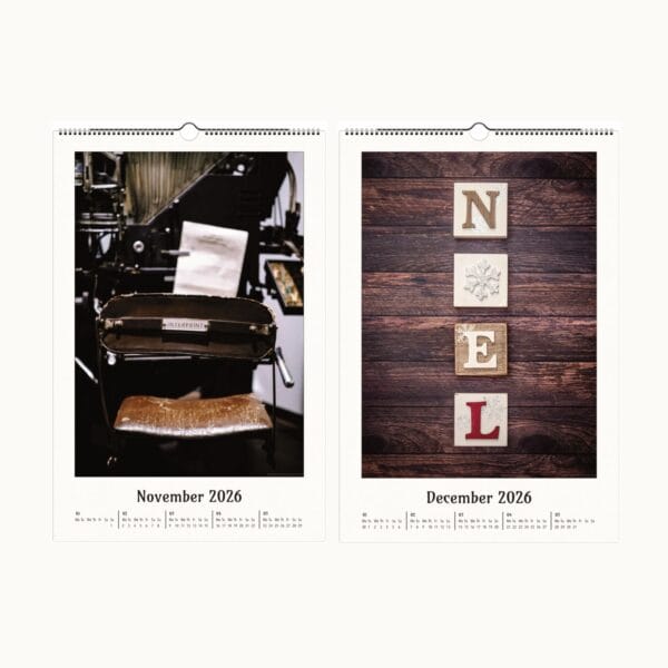 Letterpress Legacy wall calendar with vintage typography, handcrafted letterpress art, and fine printmaking. A collectible calendar with artisanal prints, perfect for typography lovers. Frameable artwork makes it a unique decor piece or gift.