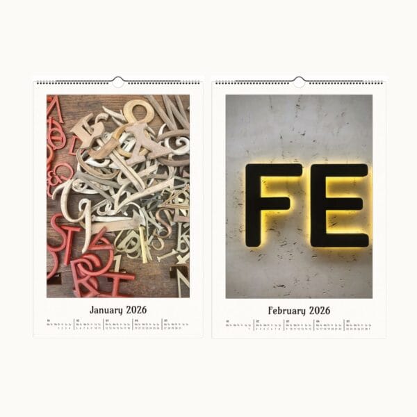 Letterpress Legacy wall calendar with vintage typography, handcrafted letterpress art, and fine printmaking. A collectible calendar with artisanal prints, perfect for typography lovers. Frameable artwork makes it a unique decor piece or gift.