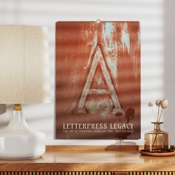 Letterpress Legacy wall calendar with vintage typography, handcrafted letterpress art, and fine printmaking. A collectible calendar with artisanal prints, perfect for typography lovers. Frameable artwork makes it a unique decor piece or gift.