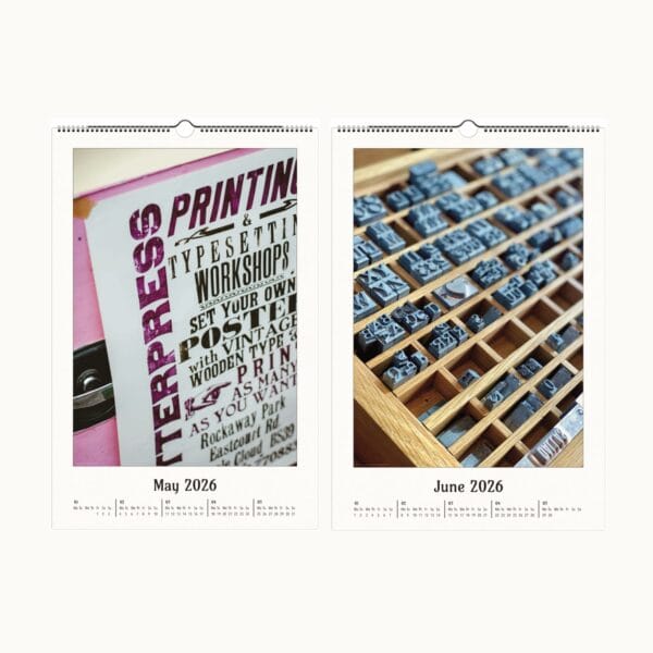 Letterpress Legacy wall calendar with vintage typography, handcrafted letterpress art, and fine printmaking. A collectible calendar with artisanal prints, perfect for typography lovers. Frameable artwork makes it a unique decor piece or gift.