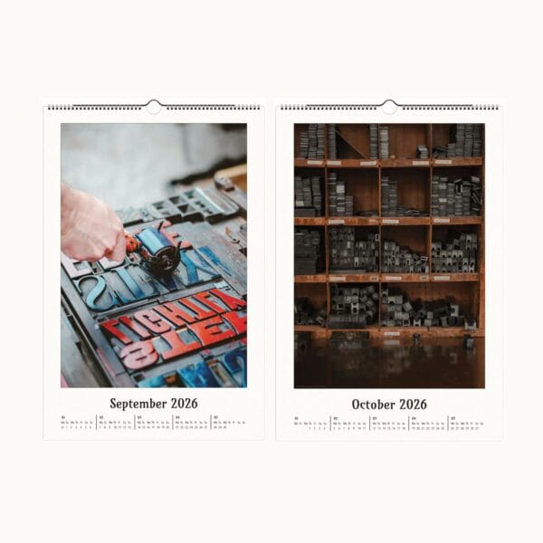 Letterpress Legacy wall calendar with vintage typography, handcrafted letterpress art, and fine printmaking. A collectible calendar with artisanal prints, perfect for typography lovers. Frameable artwork makes it a unique decor piece or gift.