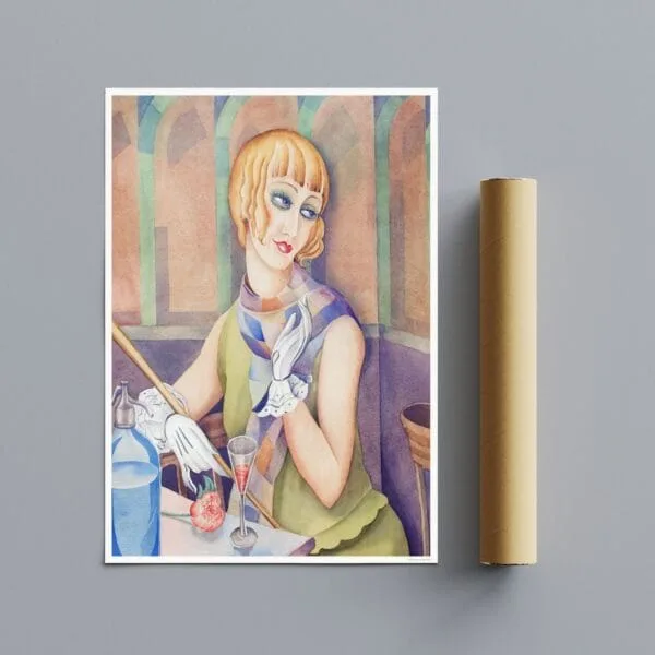 Art Deco style poster by Gerda Wegener, depicting a fashionable 1920s woman with distinct makeup and vintage attire, set against a geometric pastel background.