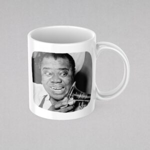 White mug with black and white Louis Armstrong photo