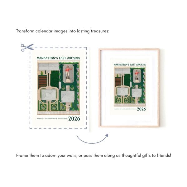 Manhattan’s Last Arcadia 2026 Wall Calendar featuring historic estate plans from the Index of American Design. Vintage landscape illustrations, lost gardens of Manhattan, urban history, and architectural drawings. Available in multiple sizes.