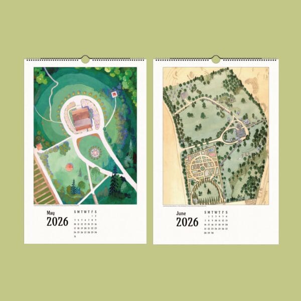 Manhattan’s Last Arcadia 2026 Wall Calendar featuring historic estate plans from the Index of American Design. Vintage landscape illustrations, lost gardens of Manhattan, urban history, and architectural drawings. Available in multiple sizes.