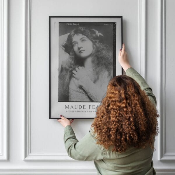 Vintage black and white Maude Fealy poster featuring a portrait of the silent film actress from the George Grantham Bain Collection. Classic Hollywood wall art, perfect for retro cinema lovers and film history enthusiasts.