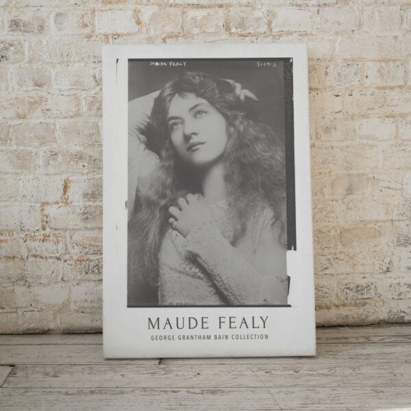 Vintage black and white Maude Fealy poster featuring a portrait of the silent film actress from the George Grantham Bain Collection. Classic Hollywood wall art, perfect for retro cinema lovers and film history enthusiasts.