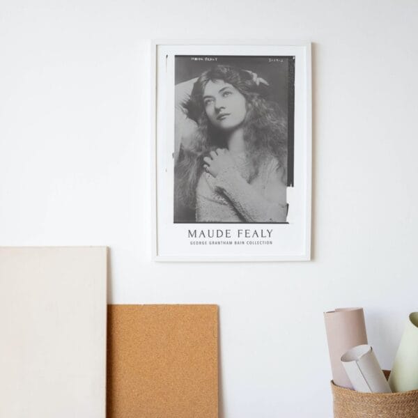 Vintage black and white Maude Fealy poster featuring a portrait of the silent film actress from the George Grantham Bain Collection. Classic Hollywood wall art, perfect for retro cinema lovers and film history enthusiasts.