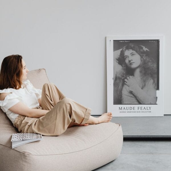 Vintage black and white Maude Fealy poster featuring a portrait of the silent film actress from the George Grantham Bain Collection. Classic Hollywood wall art, perfect for retro cinema lovers and film history enthusiasts.