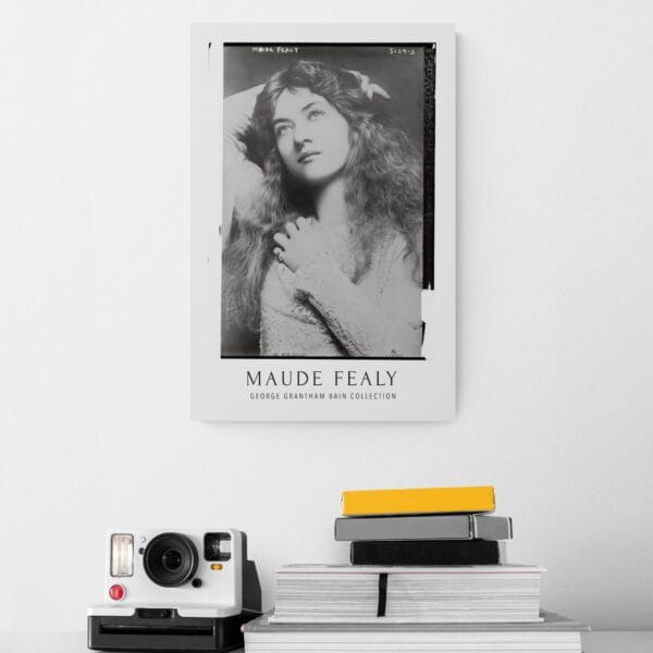 Vintage black and white Maude Fealy poster featuring a portrait of the silent film actress from the George Grantham Bain Collection. Classic Hollywood wall art, perfect for retro cinema lovers and film history enthusiasts.