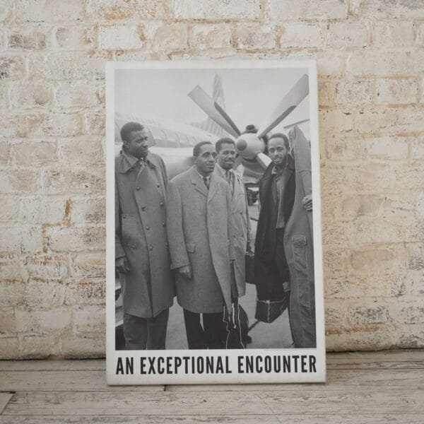 Modern Jazz Quartet Poster – Vintage Jazz Wall Art featuring John Lewis, Milt Jackson, Connie Kay, and Percy Heath at Schiphol Airport, 1961. Timeless black and white music print, perfect for jazz lovers, collectors, and vintage decor enthusiasts.