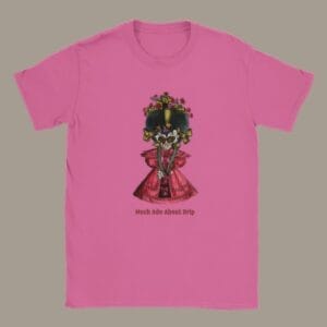 Funny historical T-shirt with William Heath artwork, vintage fashion satire, Much Ado About Drip, quirky unisex humor tee, azalea pink cotton shirt.