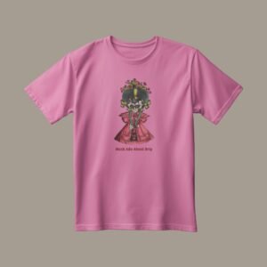 Pink t-shirt with floral artistic design.
