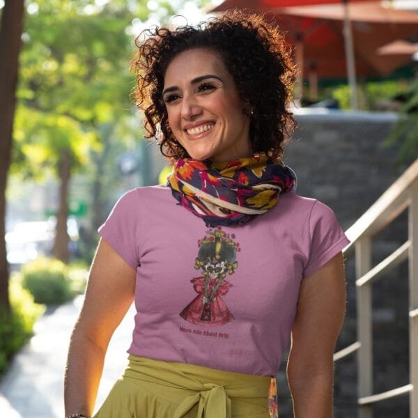 Funny historical T-shirt with William Heath artwork, vintage fashion satire, Much Ado About Drip, quirky unisex humor tee, azalea pink cotton shirt.