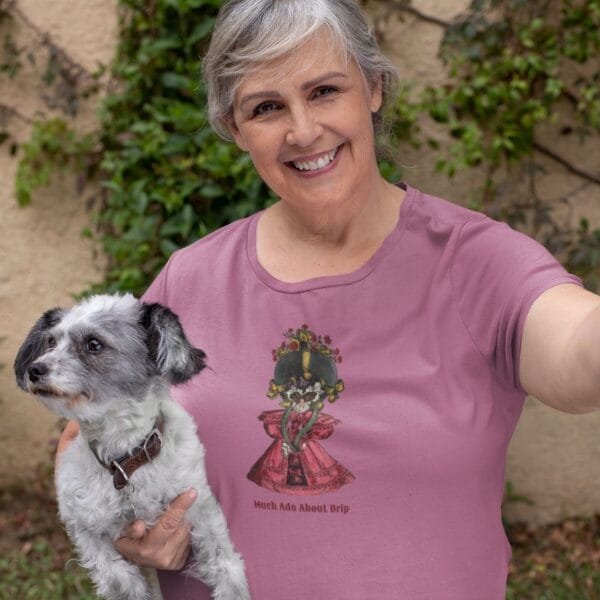 Funny historical T-shirt with William Heath artwork, vintage fashion satire, Much Ado About Drip, quirky unisex humor tee, azalea pink cotton shirt.