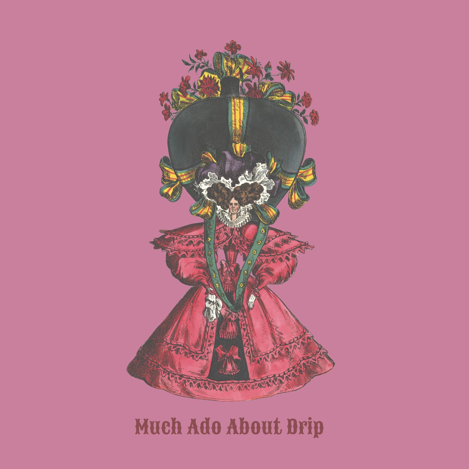 Victorian-style fashion illustration with large hat and flowers.