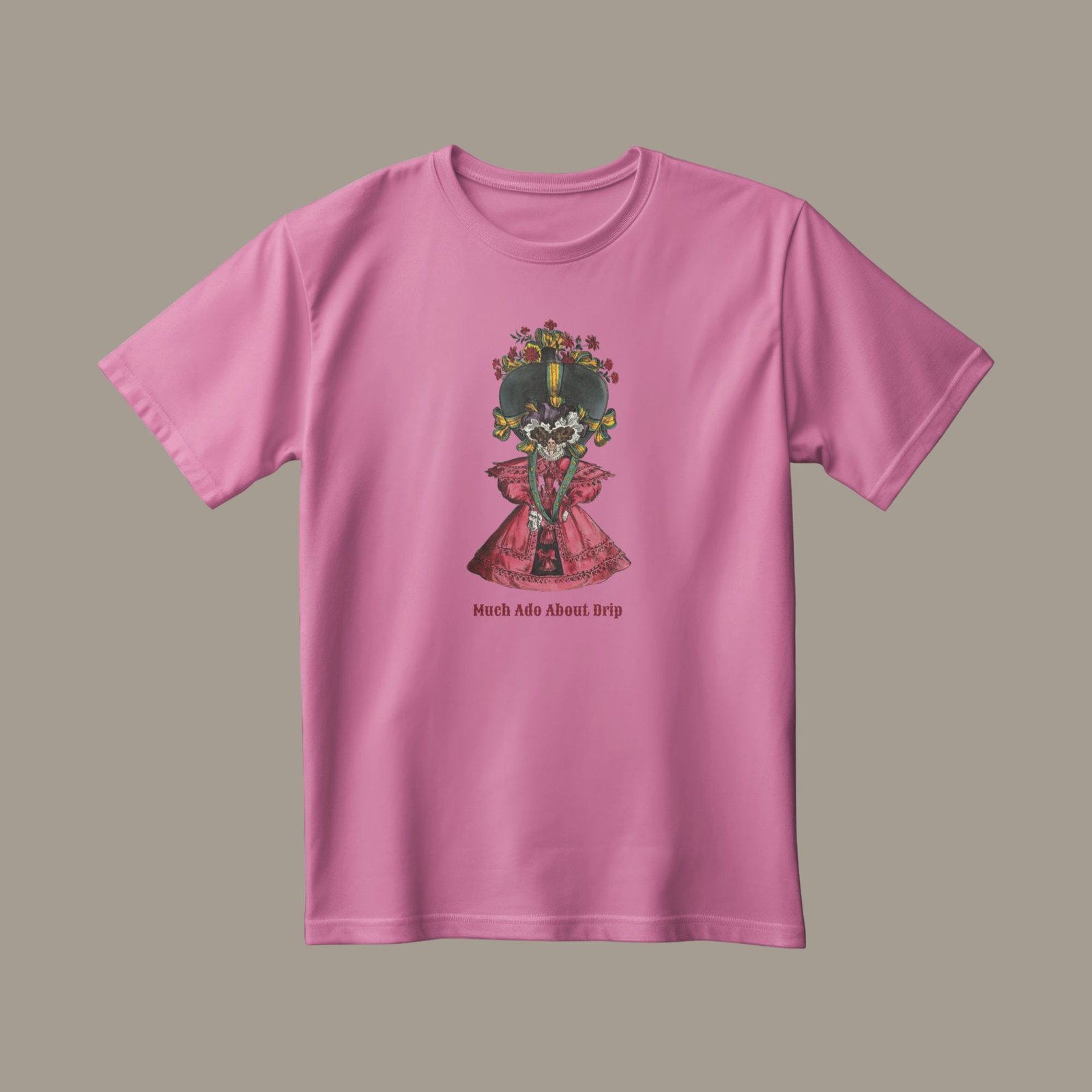 Pink t-shirt with floral artistic design.