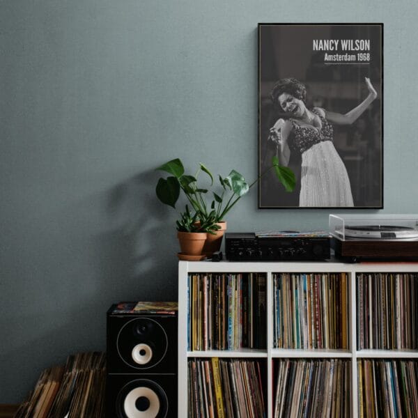 Nancy Wilson jazz poster – vintage 1968 concert photo from Grand Gala du Disque, Amsterdam. Elegant black-and-white jazz wall art for music lovers, collectors, and home decor. Perfect for jazz enthusiasts, retro decor, and timeless music spaces.