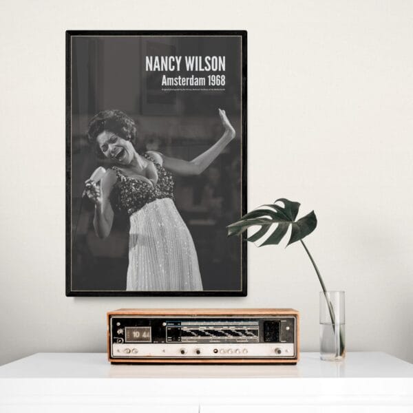 Nancy Wilson jazz poster – vintage 1968 concert photo from Grand Gala du Disque, Amsterdam. Elegant black-and-white jazz wall art for music lovers, collectors, and home decor. Perfect for jazz enthusiasts, retro decor, and timeless music spaces.