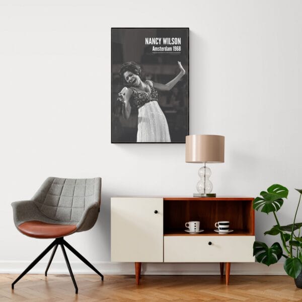 Nancy Wilson jazz poster – vintage 1968 concert photo from Grand Gala du Disque, Amsterdam. Elegant black-and-white jazz wall art for music lovers, collectors, and home decor. Perfect for jazz enthusiasts, retro decor, and timeless music spaces.