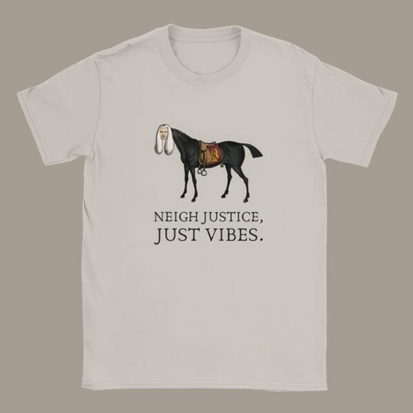 Unique satirical T-shirt featuring a judge-horse mashup from William Heath. Funny legal humor tee, vintage artwork, quirky meme shirt, unisex fit, ice grey cotton.