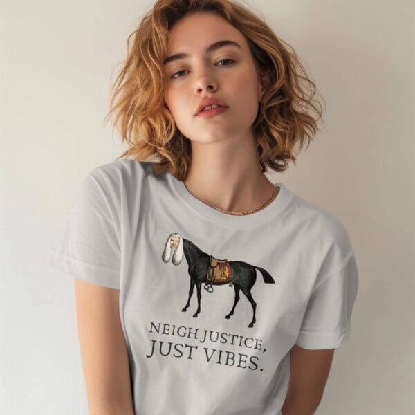 Unique satirical T-shirt featuring a judge-horse mashup from William Heath. Funny legal humor tee, vintage artwork, quirky meme shirt, unisex fit, ice grey cotton.