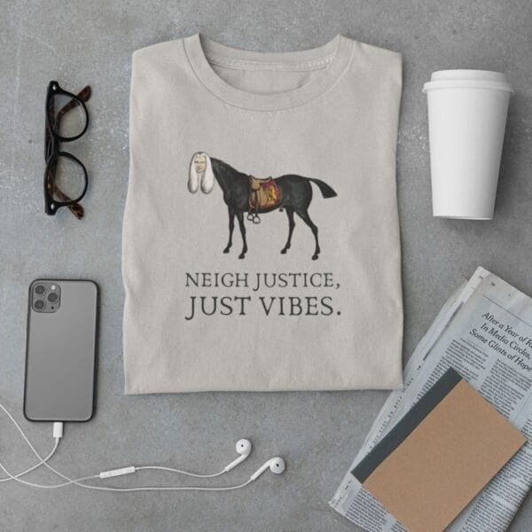 Unique satirical T-shirt featuring a judge-horse mashup from William Heath. Funny legal humor tee, vintage artwork, quirky meme shirt, unisex fit, ice grey cotton.