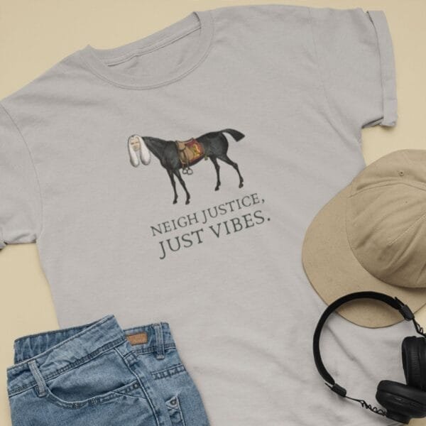 Unique satirical T-shirt featuring a judge-horse mashup from William Heath. Funny legal humor tee, vintage artwork, quirky meme shirt, unisex fit, ice grey cotton.