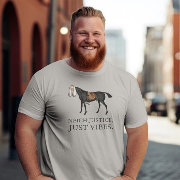 Unique satirical T-shirt featuring a judge-horse mashup from William Heath. Funny legal humor tee, vintage artwork, quirky meme shirt, unisex fit, ice grey cotton.