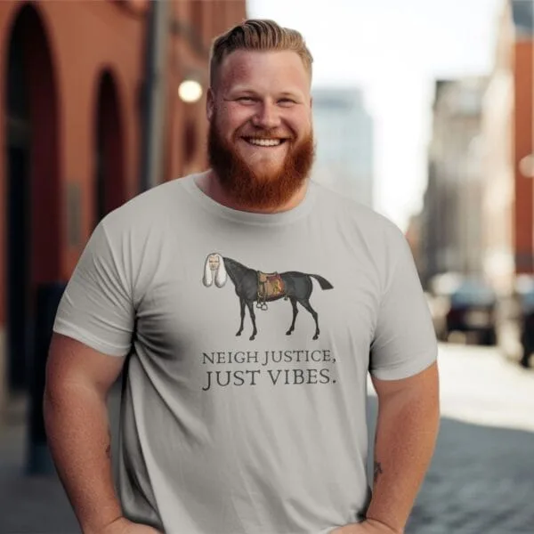 Unique satirical T-shirt featuring a judge-horse mashup from William Heath. Funny legal humor tee, vintage artwork, quirky meme shirt, unisex fit, ice grey cotton.