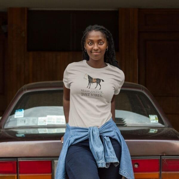 Unique satirical T-shirt featuring a judge-horse mashup from William Heath. Funny legal humor tee, vintage artwork, quirky meme shirt, unisex fit, ice grey cotton.