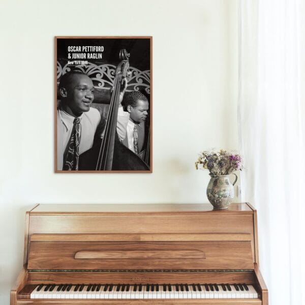 Black and white jazz poster featuring Oscar Pettiford and Junior Raglin, photographed by William Gottlieb in New York, 1946. A vintage jazz wall art print, ideal for music lovers, jazz enthusiasts, and home decor. Shown in various room settings, including a living room, bedroom, and music studio, framed and unframed.