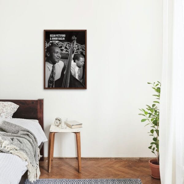 Black and white jazz poster featuring Oscar Pettiford and Junior Raglin, photographed by William Gottlieb in New York, 1946. A vintage jazz wall art print, ideal for music lovers, jazz enthusiasts, and home decor. Shown in various room settings, including a living room, bedroom, and music studio, framed and unframed.