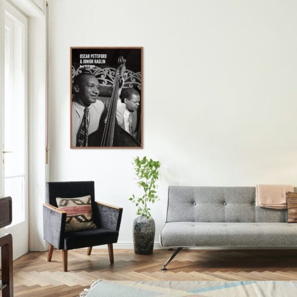 Black and white jazz poster featuring Oscar Pettiford and Junior Raglin, photographed by William Gottlieb in New York, 1946. A vintage jazz wall art print, ideal for music lovers, jazz enthusiasts, and home decor. Shown in various room settings, including a living room, bedroom, and music studio, framed and unframed.