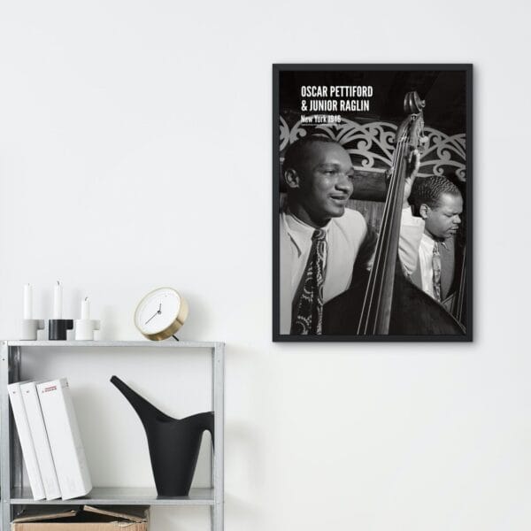 Black and white jazz poster featuring Oscar Pettiford and Junior Raglin, photographed by William Gottlieb in New York, 1946. A vintage jazz wall art print, ideal for music lovers, jazz enthusiasts, and home decor. Shown in various room settings, including a living room, bedroom, and music studio, framed and unframed.