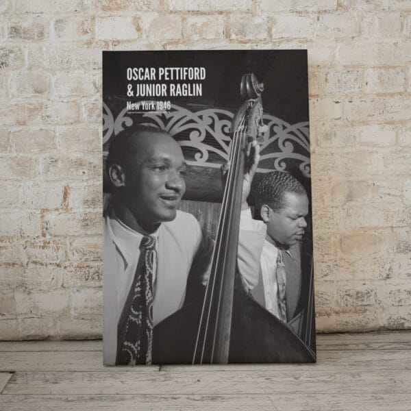 Black and white jazz poster featuring Oscar Pettiford and Junior Raglin, photographed by William Gottlieb in New York, 1946. A vintage jazz wall art print, ideal for music lovers, jazz enthusiasts, and home decor. Shown in various room settings, including a living room, bedroom, and music studio, framed and unframed.