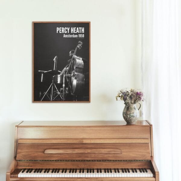 Percy Heath jazz poster featuring a vintage black-and-white photo from a 1959 Modern Jazz Quartet performance in Amsterdam. A perfect jazz lover gift and stylish music wall art, ideal for living rooms, offices, and music studios. Timeless retro jazz decor.