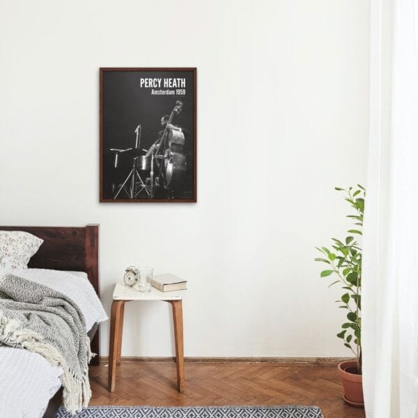 Percy Heath jazz poster featuring a vintage black-and-white photo from a 1959 Modern Jazz Quartet performance in Amsterdam. A perfect jazz lover gift and stylish music wall art, ideal for living rooms, offices, and music studios. Timeless retro jazz decor.