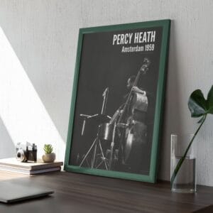 Percy Heath jazz poster featuring a vintage black-and-white photo from a 1959 Modern Jazz Quartet performance in Amsterdam. A perfect jazz lover gift and stylish music wall art, ideal for living rooms, offices, and music studios. Timeless retro jazz decor.