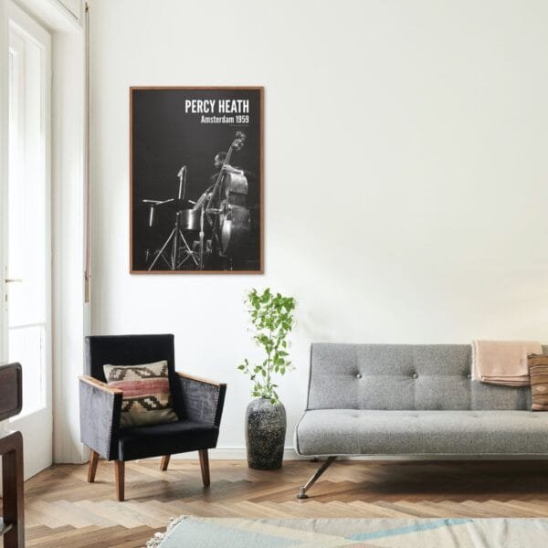 Percy Heath jazz poster featuring a vintage black-and-white photo from a 1959 Modern Jazz Quartet performance in Amsterdam. A perfect jazz lover gift and stylish music wall art, ideal for living rooms, offices, and music studios. Timeless retro jazz decor.