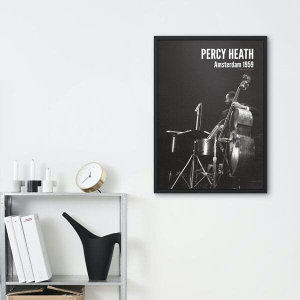 Percy Heath jazz poster featuring a vintage black-and-white photo from a 1959 Modern Jazz Quartet performance in Amsterdam. A perfect jazz lover gift and stylish music wall art, ideal for living rooms, offices, and music studios. Timeless retro jazz decor.