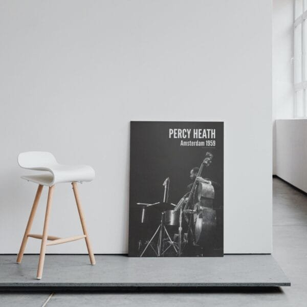 Percy Heath jazz poster featuring a vintage black-and-white photo from a 1959 Modern Jazz Quartet performance in Amsterdam. A perfect jazz lover gift and stylish music wall art, ideal for living rooms, offices, and music studios. Timeless retro jazz decor.