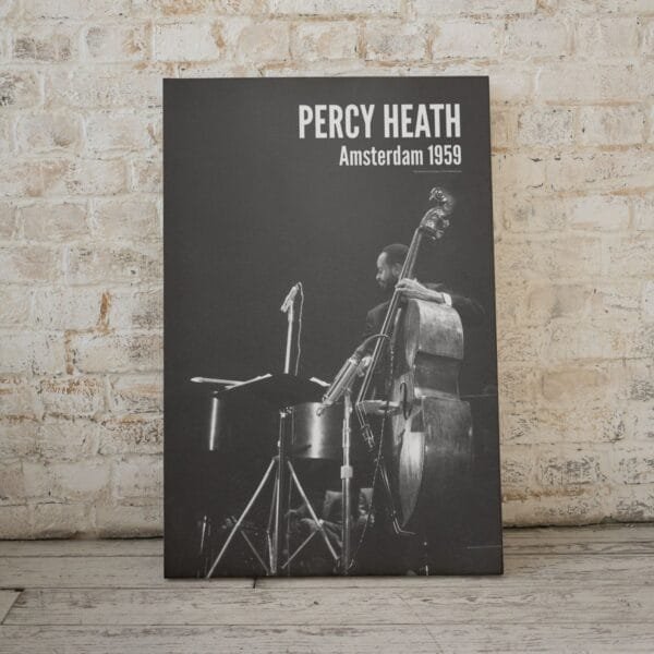 Percy Heath jazz poster featuring a vintage black-and-white photo from a 1959 Modern Jazz Quartet performance in Amsterdam. A perfect jazz lover gift and stylish music wall art, ideal for living rooms, offices, and music studios. Timeless retro jazz decor.