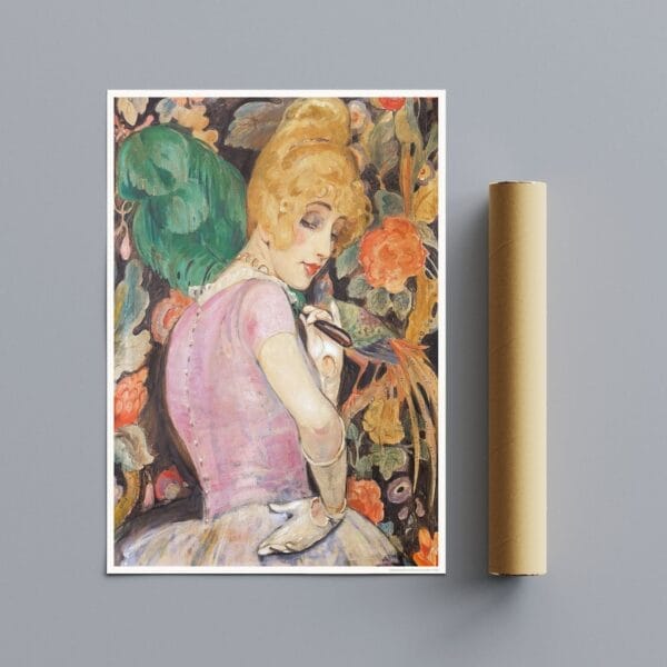 Colorful Gerda Wegener painting of Lili Elbe with a green feather fan, set against a backdrop of vibrant flowers, exemplifying early 20th-century Art Deco style and femininity.